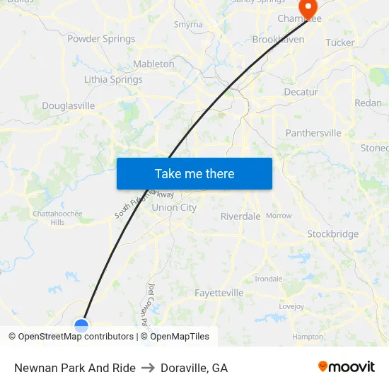 Newnan Park And Ride to Doraville, GA map