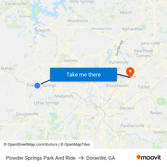 Powder Springs Park And Ride to Doraville, GA map