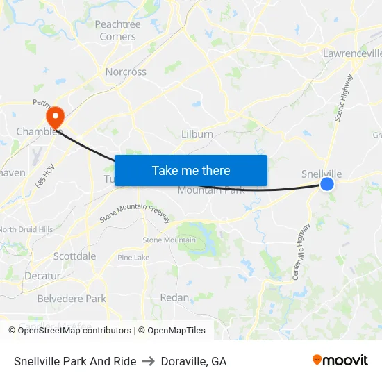 Snellville Park And Ride to Doraville, GA map