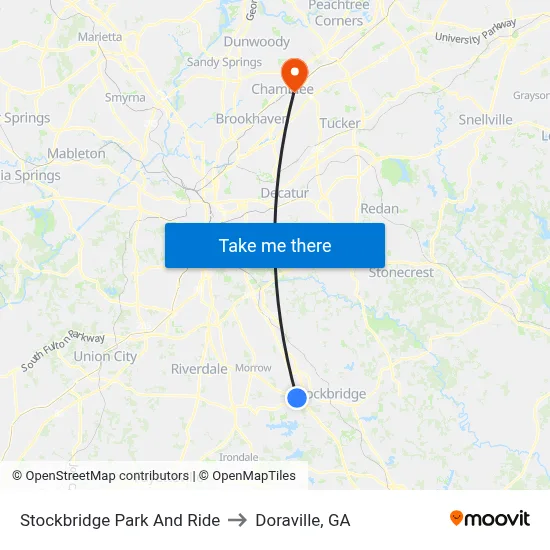 Stockbridge Park And Ride to Doraville, GA map
