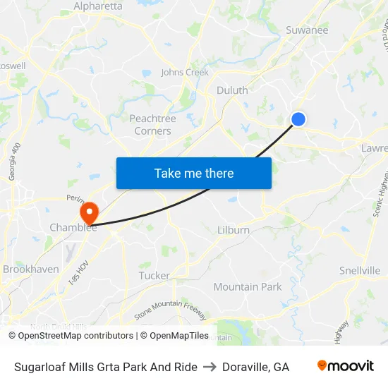 Sugarloaf Mills Grta Park And Ride to Doraville, GA map