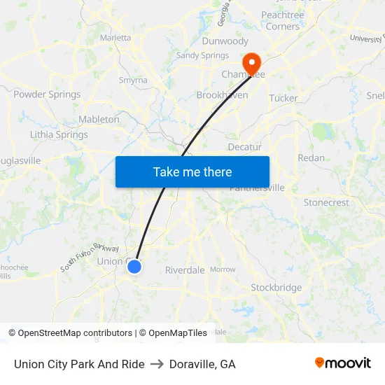 Union City Park And Ride to Doraville, GA map