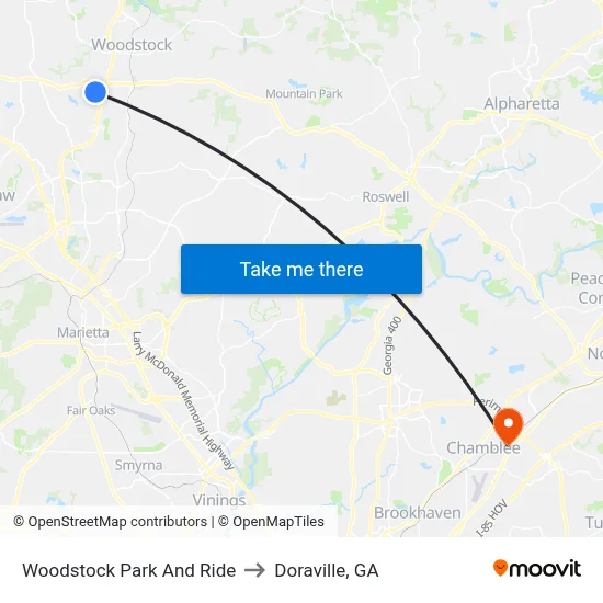Woodstock Park And Ride to Doraville, GA map