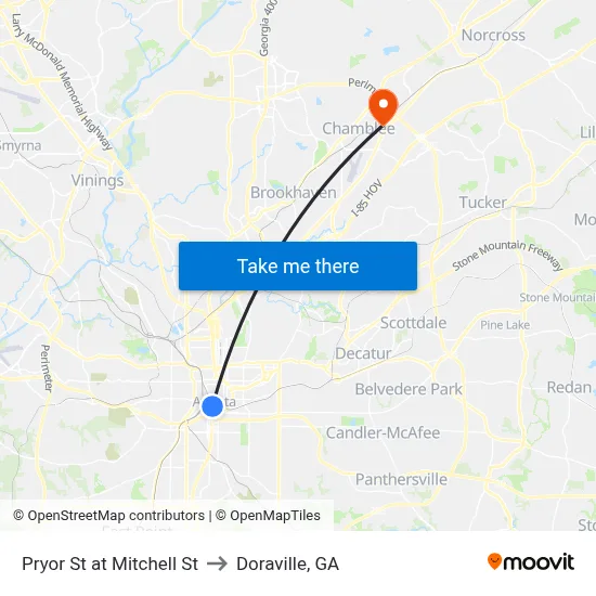Pryor St at Mitchell St to Doraville, GA map