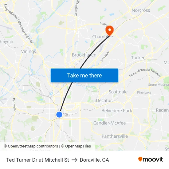 Ted Turner Dr at Mitchell St to Doraville, GA map