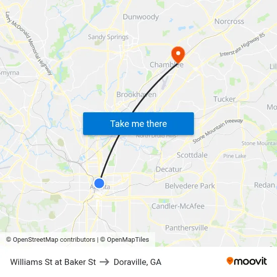 Williams St at Baker St to Doraville, GA map