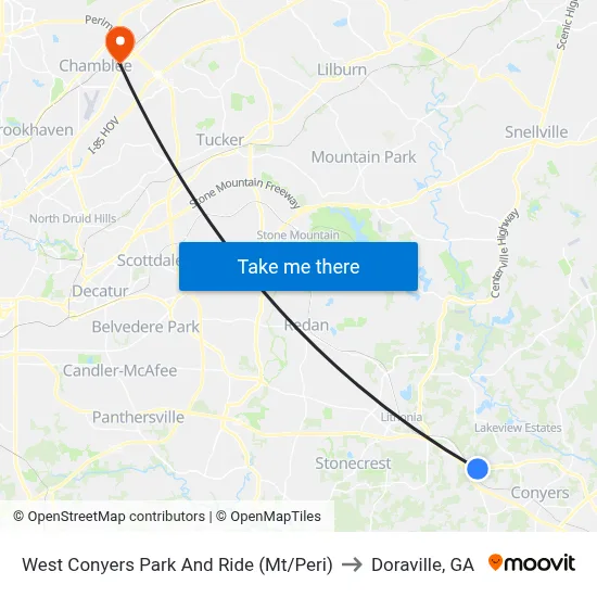 West Conyers Park And Ride (Mt/Peri) to Doraville, GA map