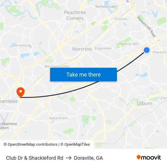 Club Dr & Shackleford Rd to Doraville, GA map