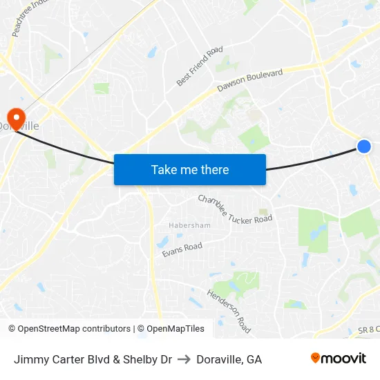 Jimmy Carter Blvd & Shelby Dr to Doraville, GA map