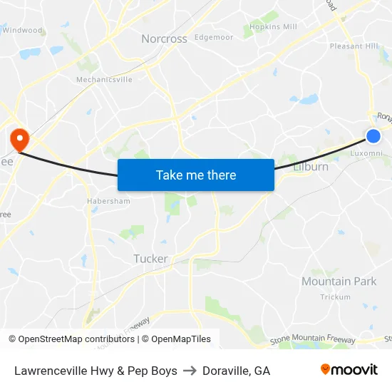 Lawrenceville Hwy & Pep Boys to Doraville, GA map