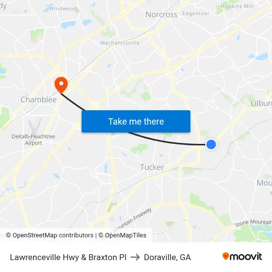 Lawrenceville Hwy & Braxton Pl to Doraville, GA map