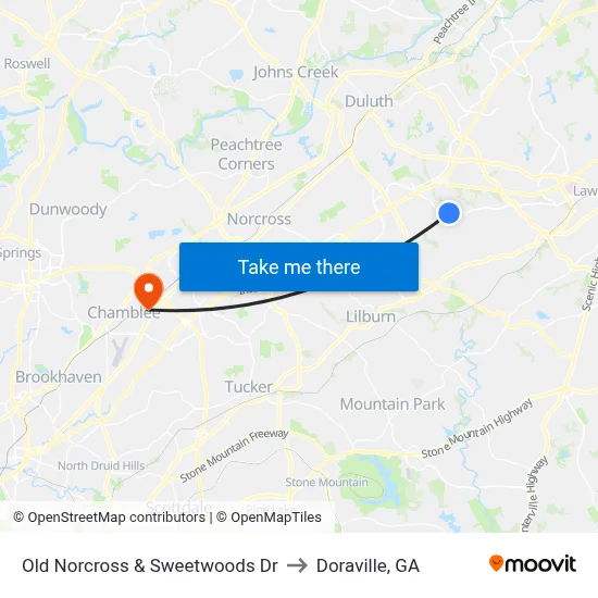 Old Norcross & Sweetwoods Dr to Doraville, GA map