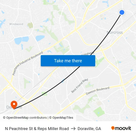 N Peachtree St & Reps Miller Road to Doraville, GA map