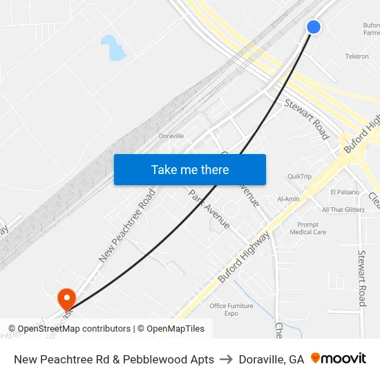 New Peachtree Rd & Pebblewood Apts to Doraville, GA map
