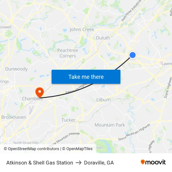 Atkinson & Shell Gas Station to Doraville, GA map