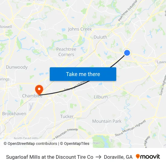 Sugarloaf Mills at the Discount Tire Co to Doraville, GA map