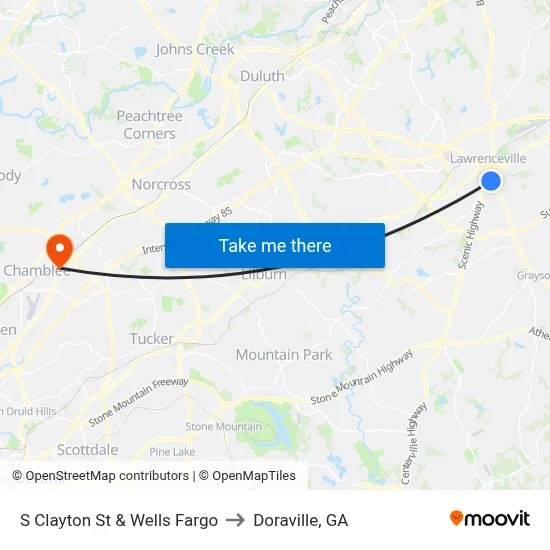 S Clayton St & Wells Fargo to Doraville, GA map