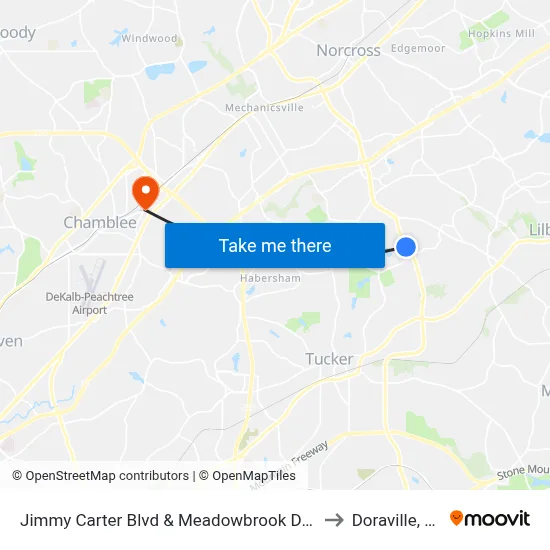 Jimmy Carter Blvd & Meadowbrook Dr Ob to Doraville, GA map