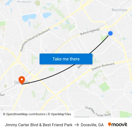 Jimmy Carter Blvd & Best Friend Park to Doraville, GA map