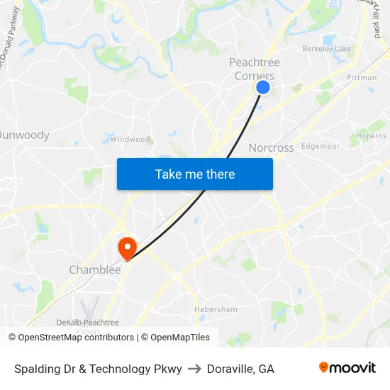 Spalding Dr & Technology Pkwy to Doraville, GA map