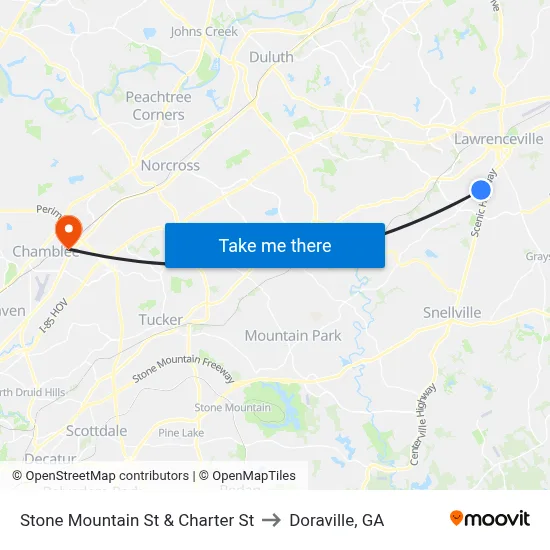 Stone Mountain St & Charter St to Doraville, GA map