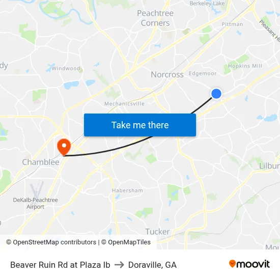 Beaver Ruin Rd at Plaza Ib to Doraville, GA map
