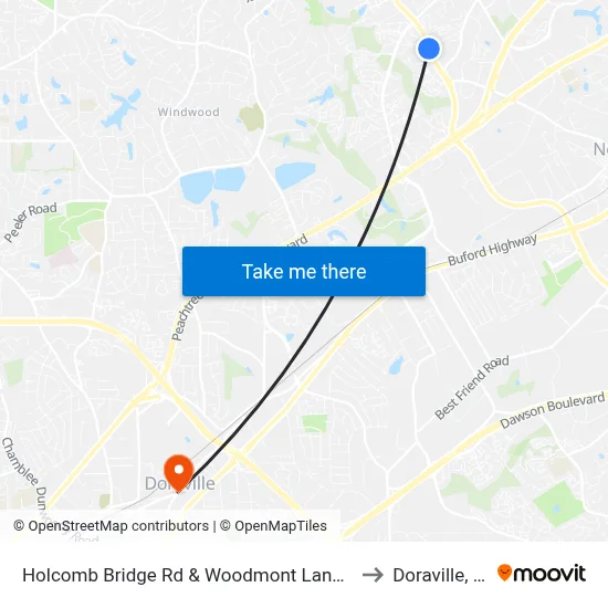 Holcomb Bridge Rd & Woodmont Land Apts to Doraville, GA map
