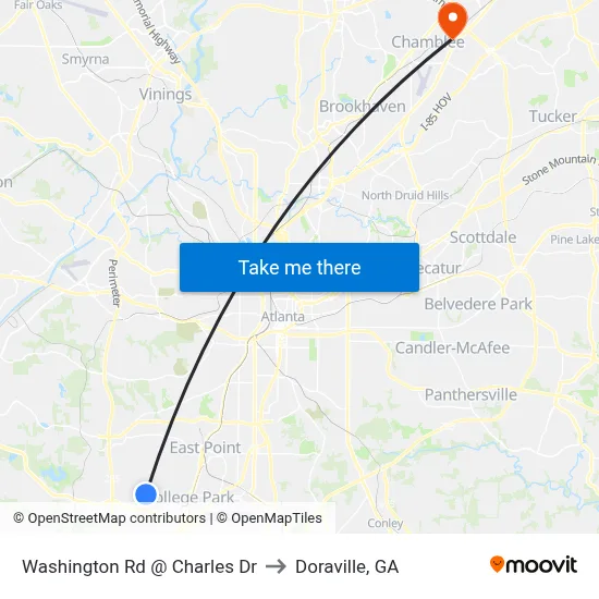 Washington Rd @ Charles Dr to Doraville, GA map