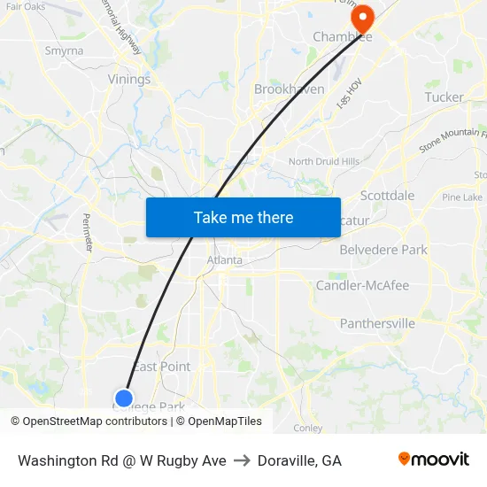 Washington Rd @ W Rugby Ave to Doraville, GA map