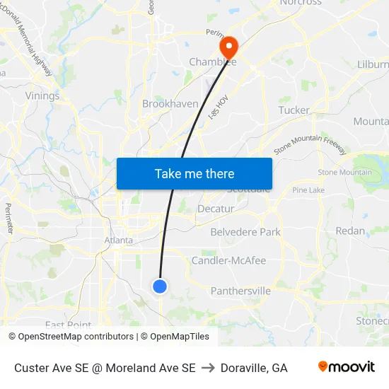 Custer Ave SE @ Moreland Ave SE to Doraville, GA map