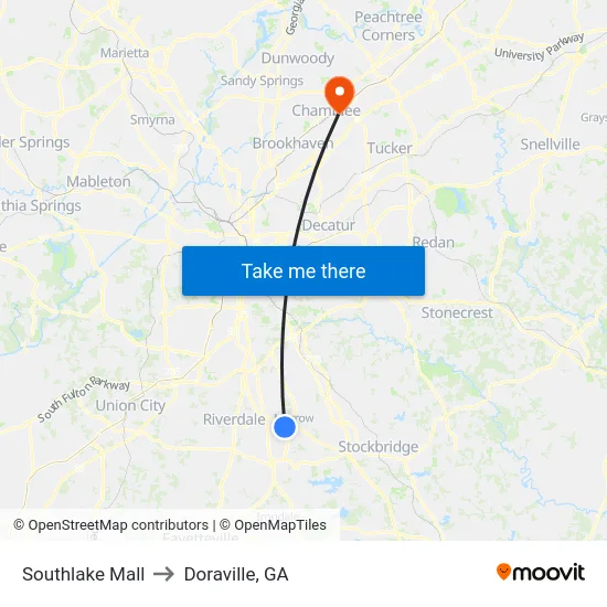 Southlake Mall to Doraville, GA map