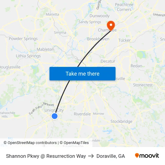 Shannon Pkwy @ Resurrection Way to Doraville, GA map