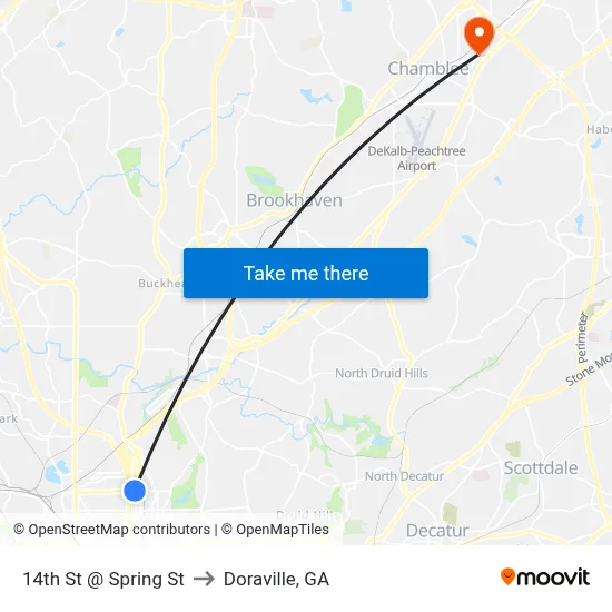14th St @ Spring St to Doraville, GA map