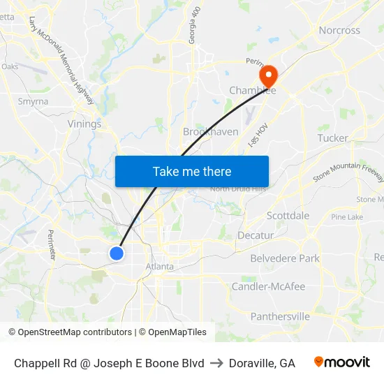 Chappell Rd @ Joseph E Boone Blvd to Doraville, GA map