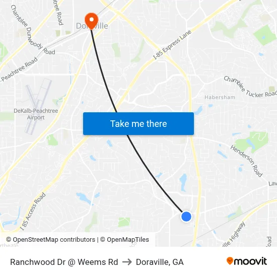 Ranchwood Dr @ Weems Rd to Doraville, GA map
