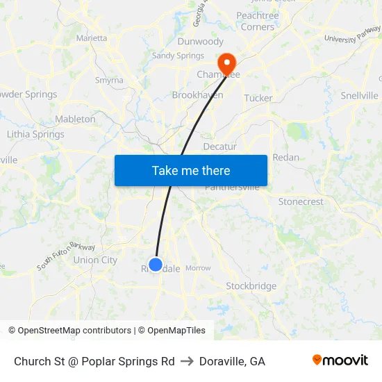 Church St @ Poplar Springs Rd to Doraville, GA map