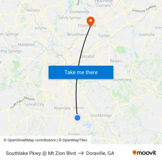 Southlake Pkwy @ Mt Zion Blvd to Doraville, GA map