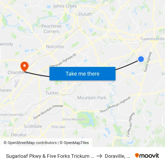 Sugarloaf Pkwy & Five Forks Trickum Rd to Doraville, GA map