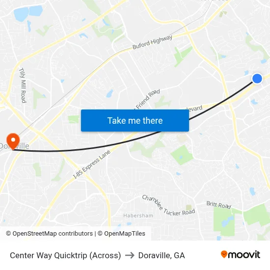Center Way Quicktrip (Across) to Doraville, GA map