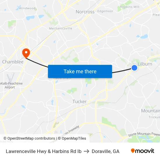 Lawrenceville Hwy & Harbins Rd Ib to Doraville, GA map