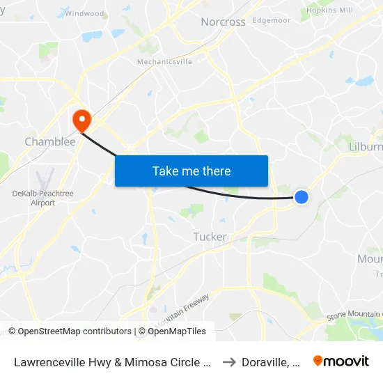 Lawrenceville Hwy & Mimosa Circle Ob to Doraville, GA map