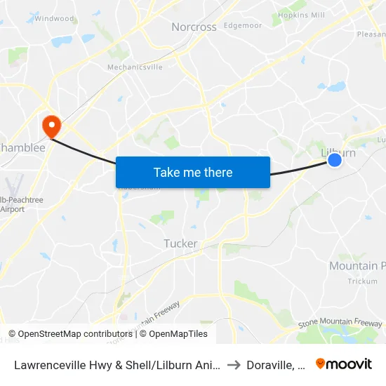 Lawrenceville Hwy & Shell/Lilburn Animal to Doraville, GA map