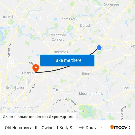 Old Norcross at the Gwinnett Body Shop to Doraville, GA map