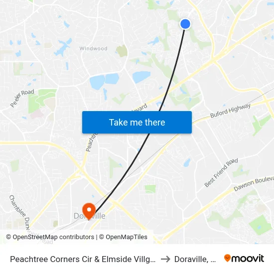 Peachtree Corners Cir & Elmside Villg Ln to Doraville, GA map
