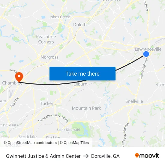 Gwinnett Justice & Admin Center to Doraville, GA map