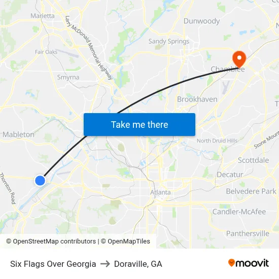 Six Flags Over Georgia to Doraville, GA map