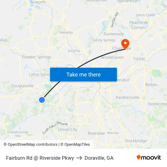 Fairburn Rd @ Riverside Pkwy to Doraville, GA map