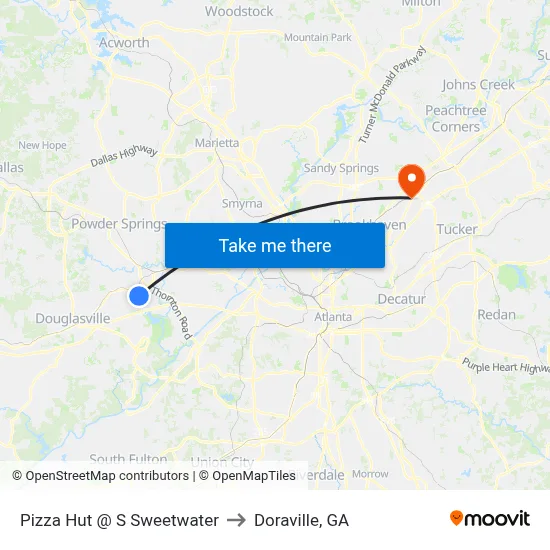 Pizza Hut @ S Sweetwater to Doraville, GA map