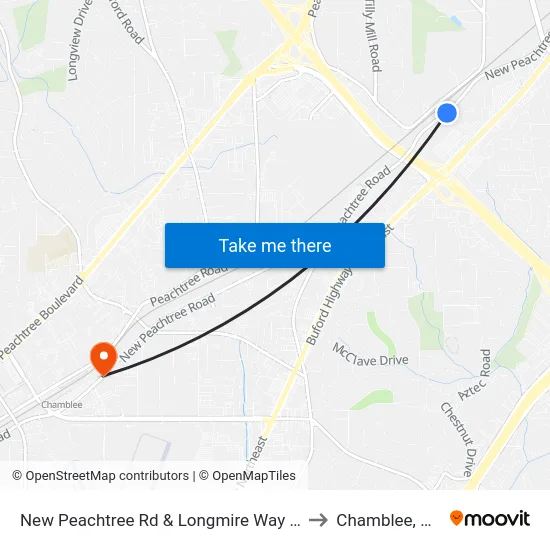 New Peachtree Rd & Longmire Way Ib to Chamblee, GA map