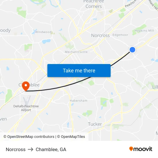 Norcross to Chamblee, GA map